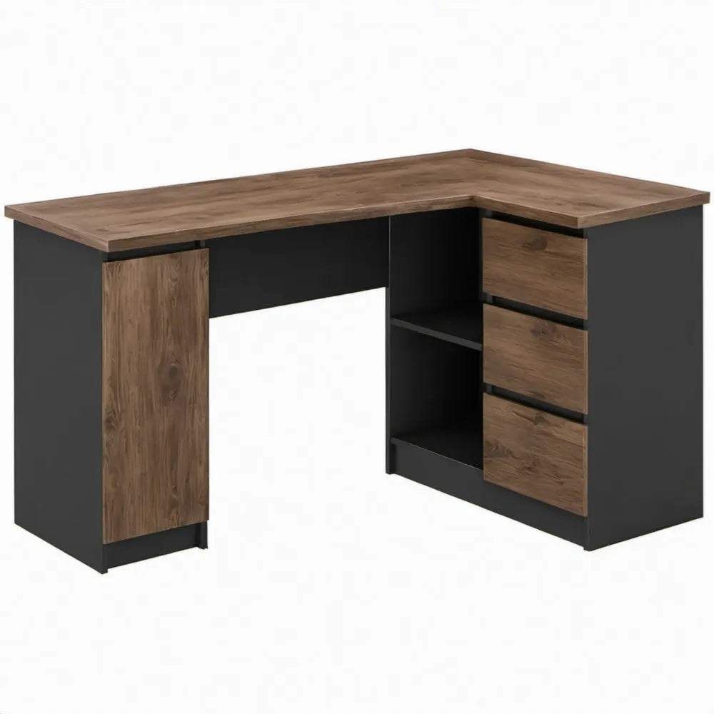 L-vormig hoekbureau met 3 laden en kastvak, 145 x 108 x 74 cm, Zwart/Donker eiken