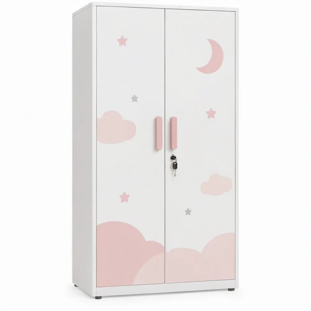 Kinderkledingkast met 2 deuren en slot, 80 x 45 x 180 cm, wit/roze/grijs