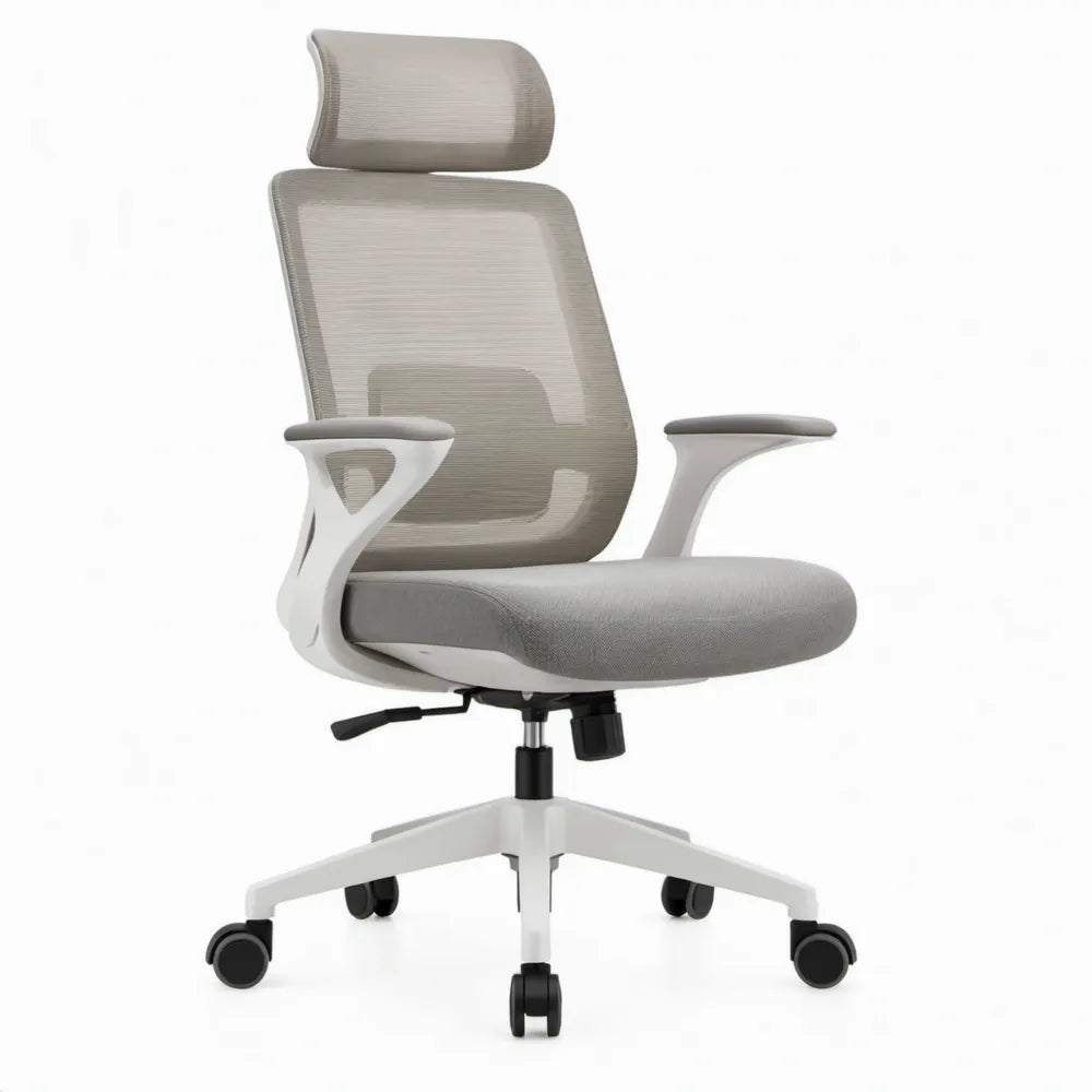 Ergonomische bureaustoel met verstelbare hoofdsteun en kantelbare rugleuning, grijs/wit/zwart, 64 x 64 x 116-126 cm