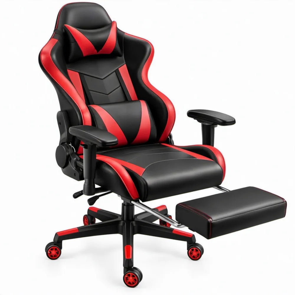 Gamingstoel met uitschuifbare voetsteun, verstelbare rugleuning en armleuningen, zwart/rood, 65 x 65 x 122-132 cm