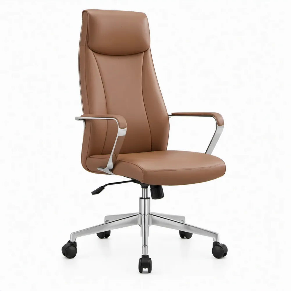 Verstelbare bureaustoel met hoge rugleuning en armleuningen, cognac PU-kunstleer, 65 x 65 x 116-126 cm