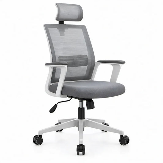 Ergonomische bureaustoel van grijs mesh met hoofdsteun en lendensteun, 64 x 64 x 116-126 cm