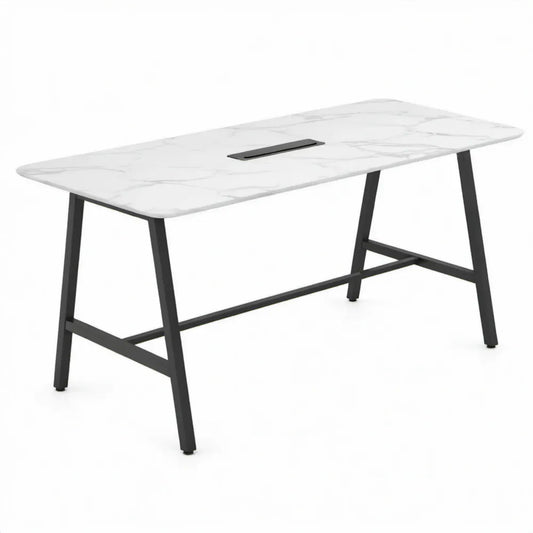 Bureau 140 x 60 x 75 cm wit met grijze marmerlook en zwart stalen A-onderstel