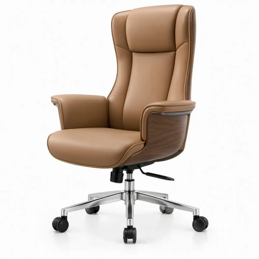 Cognackleurige directiestoel van PU-leer met hoge rugleuning, 67 x 70 x 118-128 cm