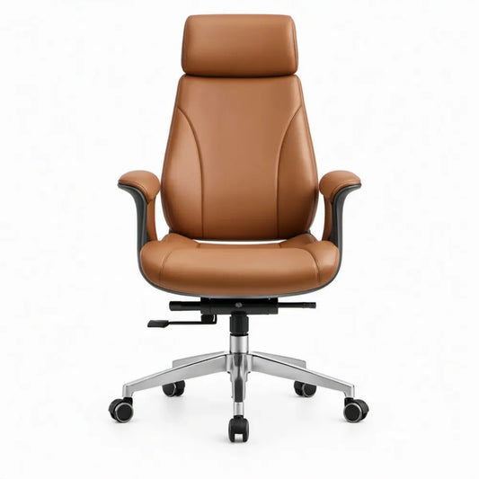 Ergonomische bureaustoel met hoge rugleuning, hoofdsteun en armleuningen, 65 x 65 x 117-127 cm, cognacbruin/zwart/zilverkleurig