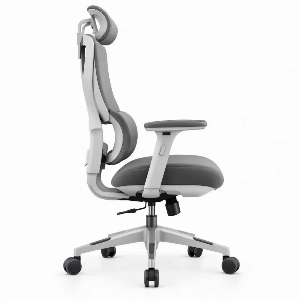 Ergonomische draaibare bureaustoel met hoge rugleuning, hoofdsteun en lendensteun – Grijs/Wit/Zwart – 68 x 68 x 118-128 cm