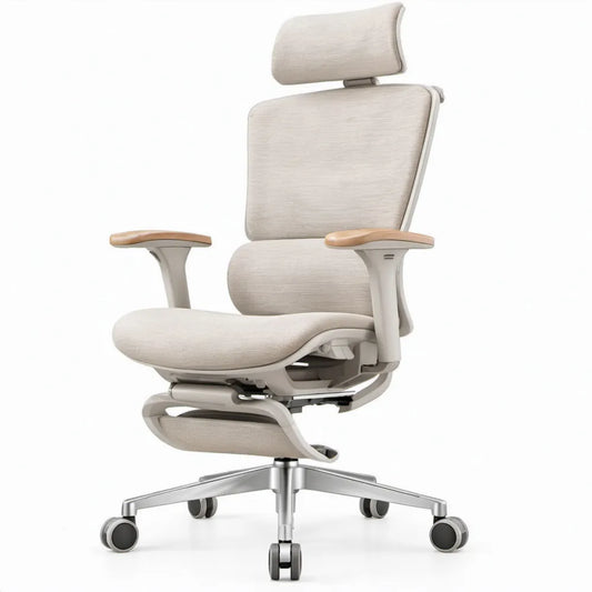 Ergonomische bureaustoel beige/lichtgrijs met hoofdsteun, voetensteun en wielen, 68 x 68 x 118-128 cm