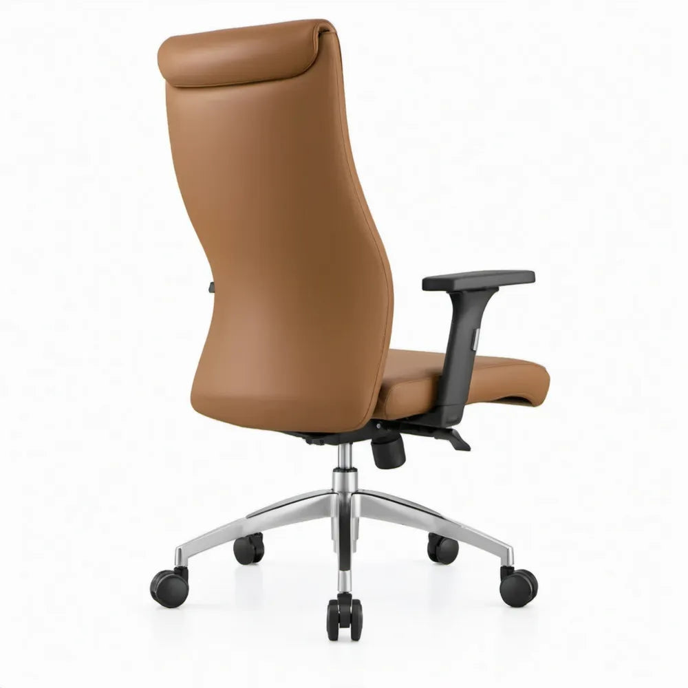 Ergonomische bureaustoel van cognackleurig PU-kunstleer met hoge rugleuning en hoofdsteun, 68 x 68 x 118-128 cm