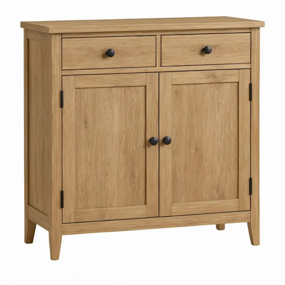 Dressoirkast met 2 deuren en 2 lades, 90 x 40 x 90 cm, naturel eiken met zwarte details