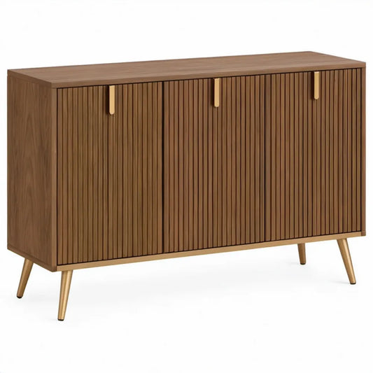 Dressoir met 3 deuren, 2 legplanken en geribbelde fronten, 120 x 40 x 75 cm, walnootbruin/goudkleurig