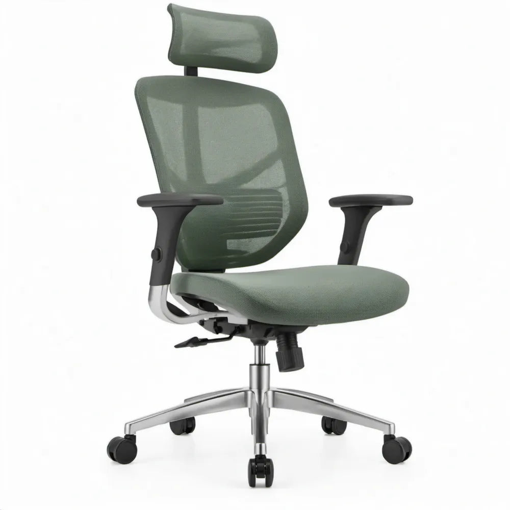 Ergonomische bureaustoel groen met hoofdsteun, verstelbare armleuningen en wielen, 64 x 64 x 118-128 cm