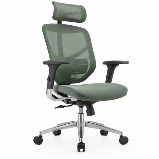 Ergonomische bureaustoel groen met hoofdsteun, verstelbare armleuningen en wielen, 64 x 64 x 118-128 cm