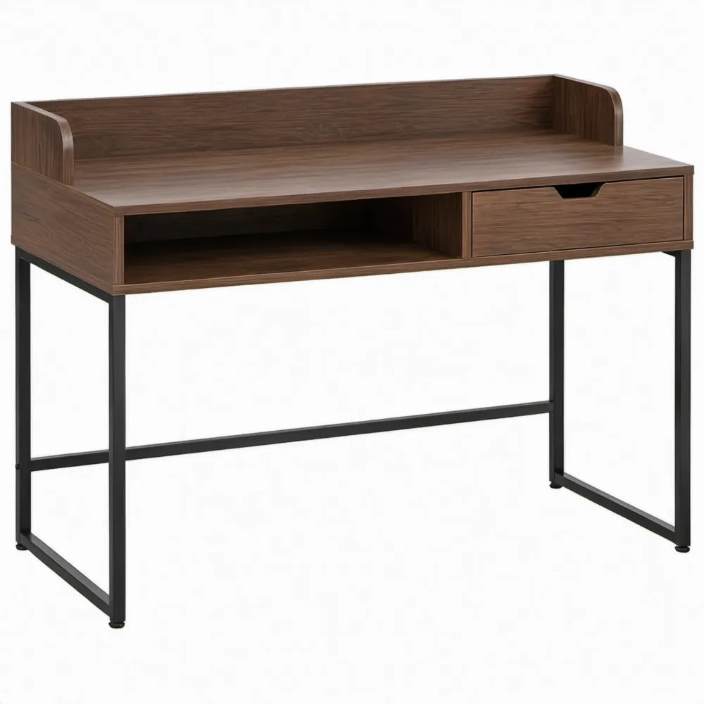 Bureau met open vak en lade, 100 x 50 x 90 cm, donkerbruin/zwart