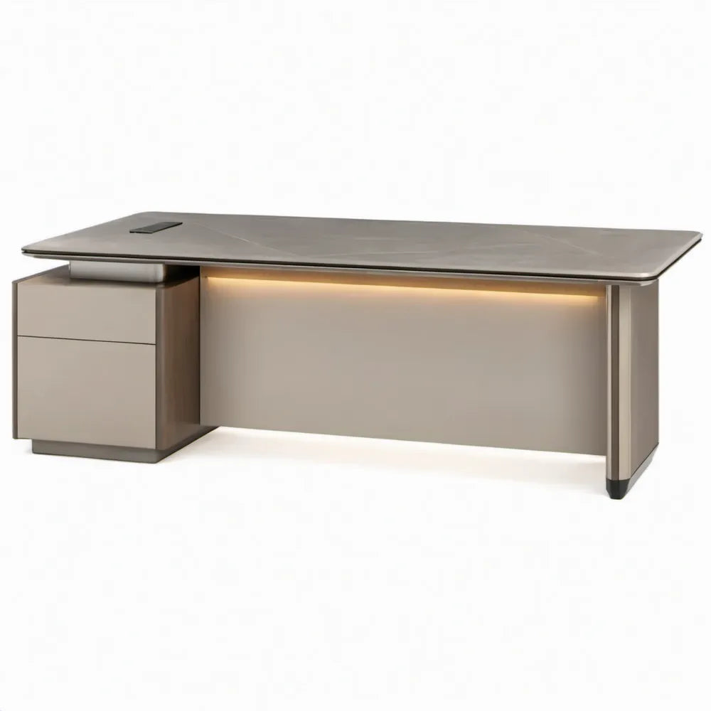Directiebureau met 2 laden en ledverlichting, grijs/taupe/donkergrijs, 200 x 90 x 76 cm