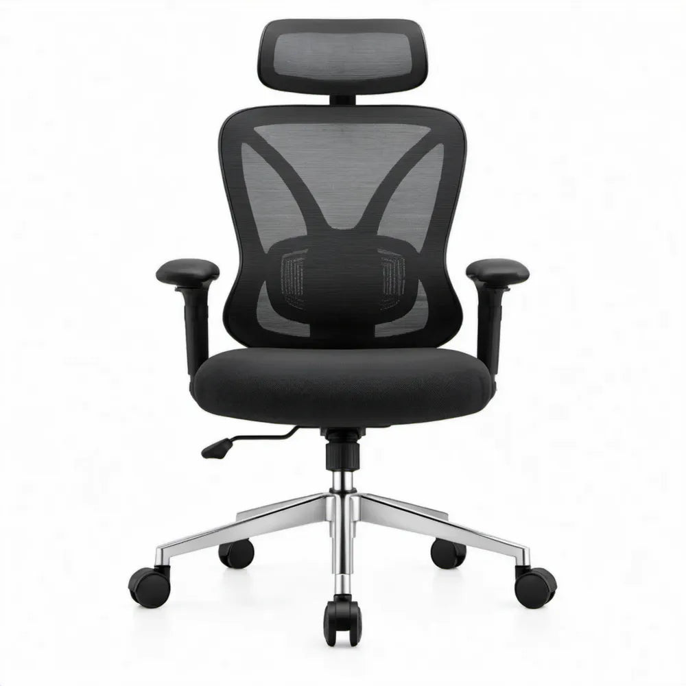 Ergonomische bureaustoel met verstelbare hoofdsteun en lendensteun, zwart/zilver, 65 x 65 x 116-126 cm