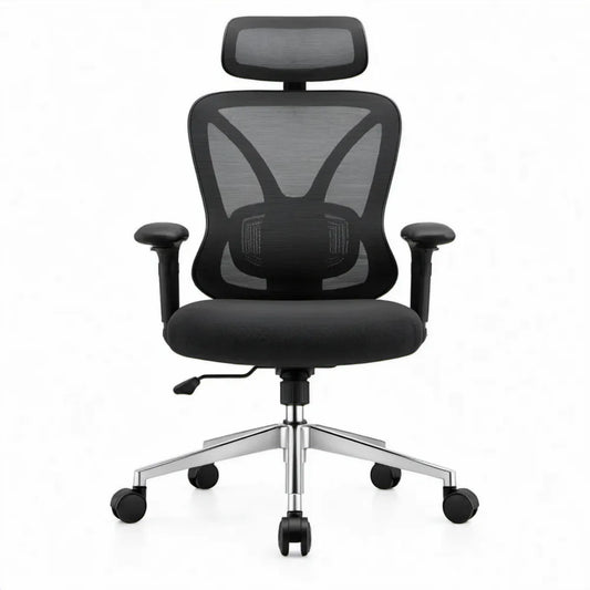 Ergonomische bureaustoel met verstelbare hoofdsteun en lendensteun, zwart/zilver, 65 x 65 x 116-126 cm