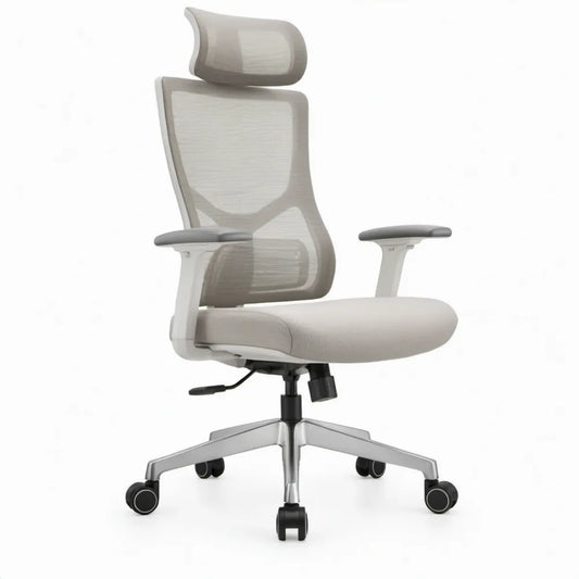 Ergonomische bureaustoel met hoofdsteun en verstelbare armleuningen, wit/grijs, 66 x 66 x 118-128 cm