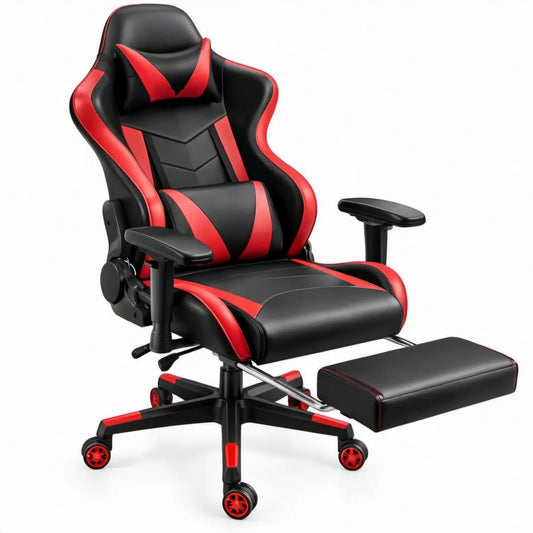Gamingstoel met uitschuifbare voetsteun, verstelbare rugleuning en armleuningen, zwart/rood, 65 x 65 x 122-132 cm