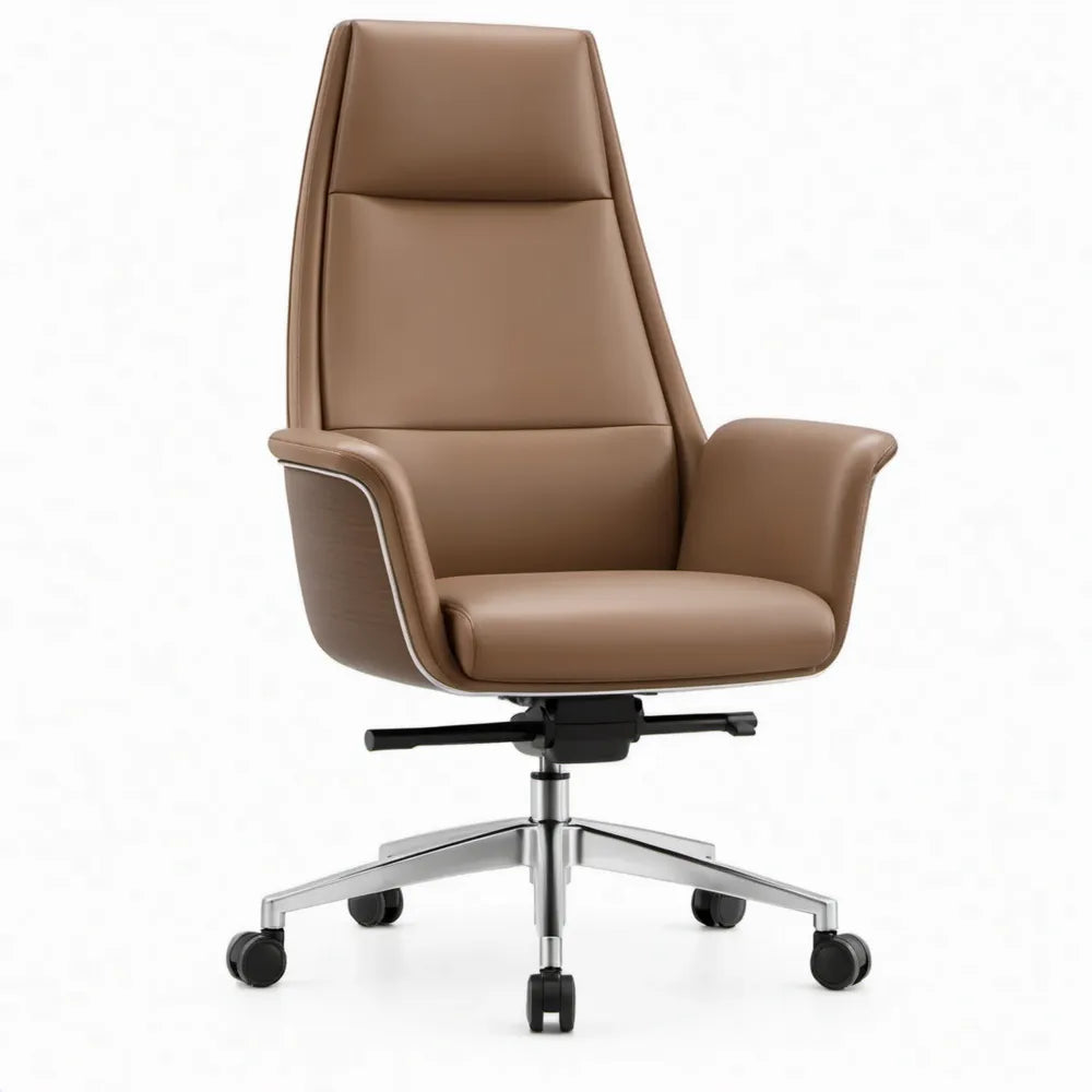 Bruine directiestoel van PU-kunstleer met hoge rugleuning, 66 x 70 x 118-128 cm