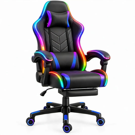 Gamingstoel met RGB-ledverlichting, verstelbare rugleuning en armleuningen, zwart, 68 x 68 x 125-135 cm