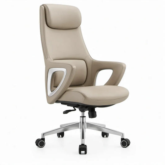 Ergonomische bureaustoel met hoge rugleuning en hoofdsteun, beige PU-kunstleer, 68 x 68 x 118-128 cm