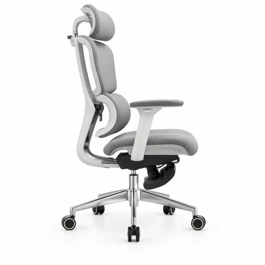 Ergonomische grijs-witte stoel met hoofdsteun, voetensteun en verstelbare hoogte, 68 x 68 x 118-128 cm