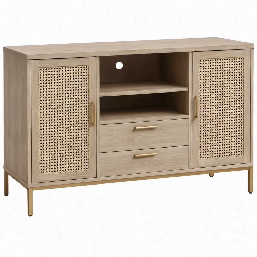 Dressoir met rotan deuren, 2 laden en open vakken, 120 x 40 x 80 cm, licht eiken