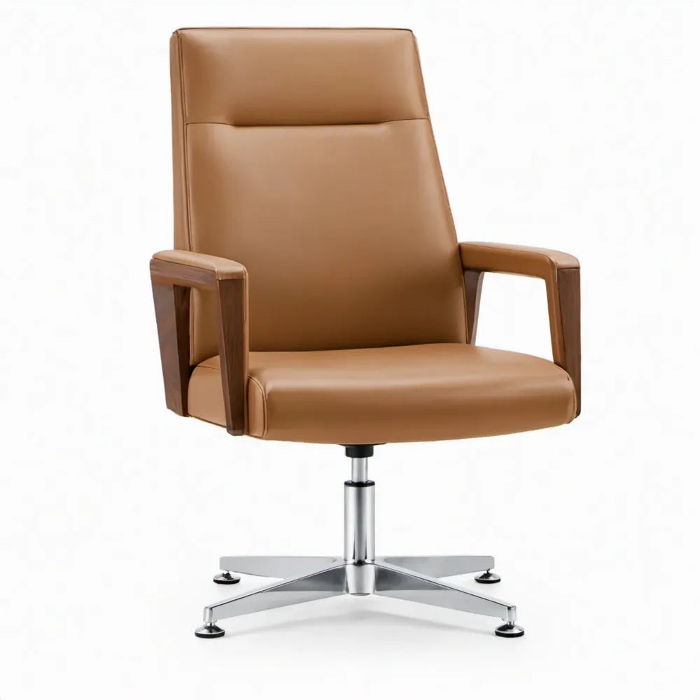 Draaibare fauteuil met hoge rugleuning, cognacbruin PU-kunstleer en massief houten armleuningen, 64 x 67 x 112-122 cm
