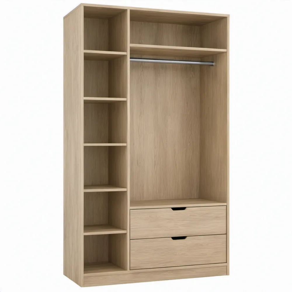 Open kledingkast met kledingroede, 6 planken en 2 laden - Licht eiken/Grijs - 100 x 50 x 200 cm