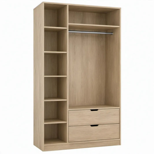 Open kledingkast met kledingroede, 6 planken en 2 laden - Licht eiken/Grijs - 100 x 50 x 200 cm