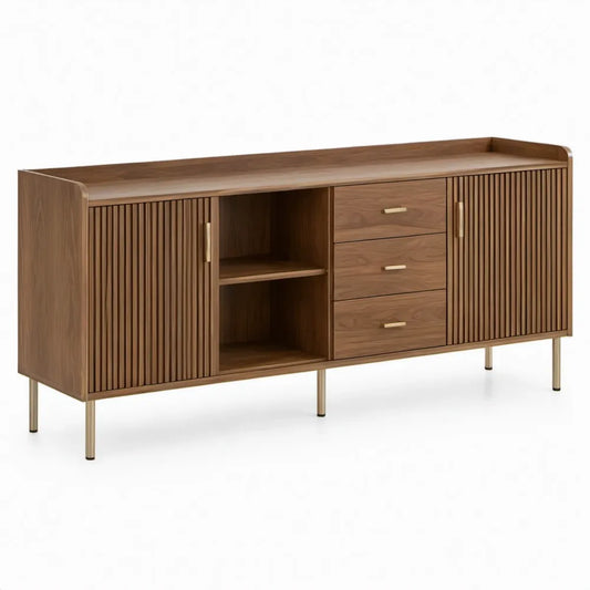 Walnootbruine kast met 3 laden, 2 geribbelde deuren en gouden poten, 180 x 45 x 85 cm
